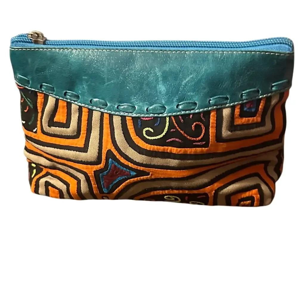 Arte Kuna Colombia Leather Embroidered Boho Clutch Festival Pouch